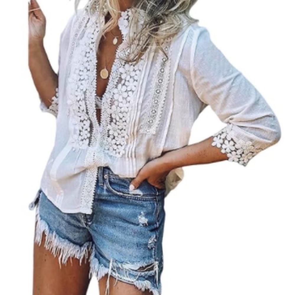 White Floral Embroidered Women's Top